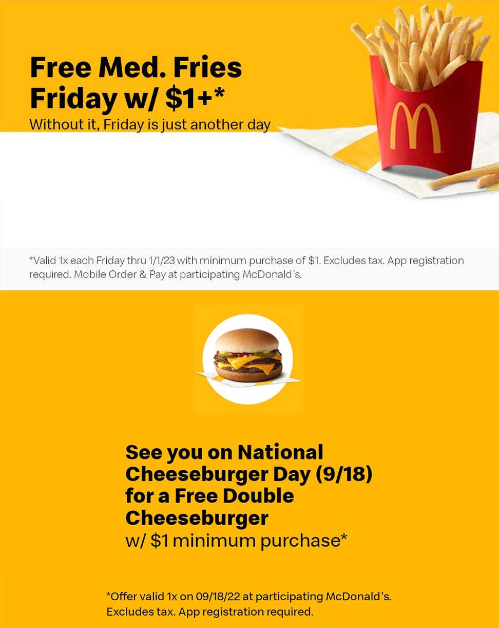 McDonalds restaurants Coupon  Free double cheeseburger Sunday with $1 spent at McDonalds #mcdonalds 