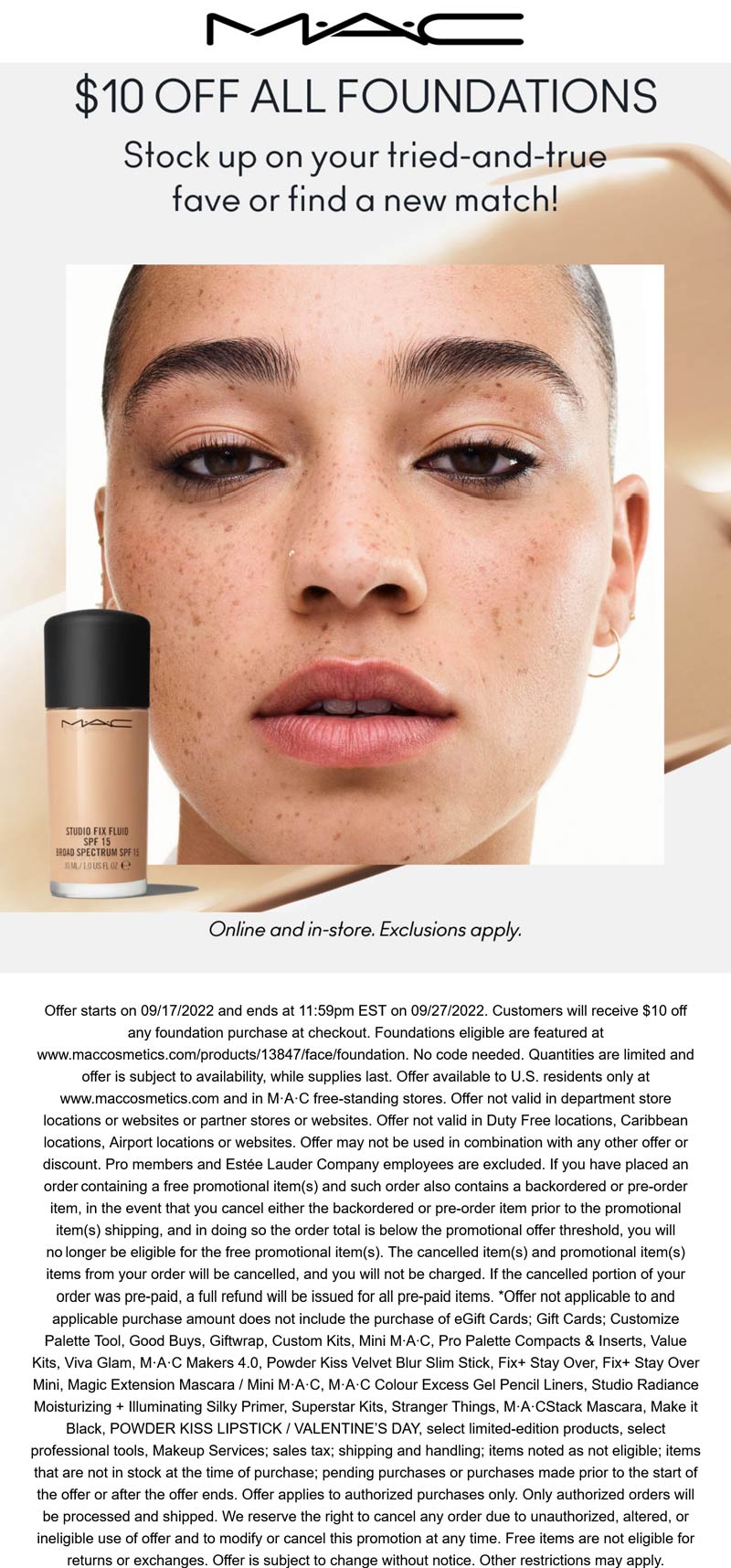 MAC stores Coupon  $10 off any foundation at MAC cosmetics, ditto online #mac 