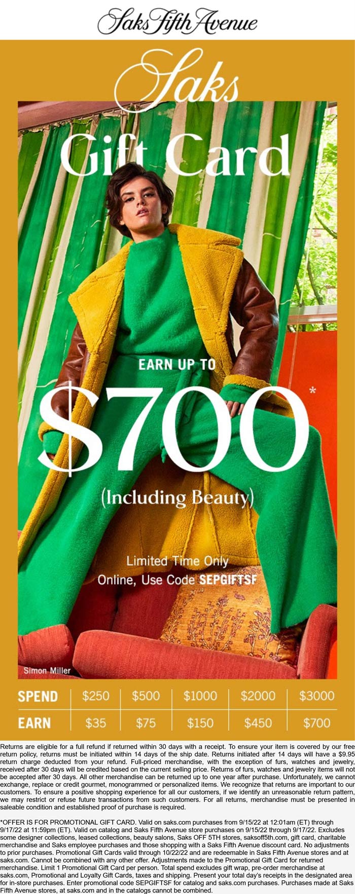 Saks Fifth Avenue stores Coupon  $35-$700 card on $250+ spent today at Saks Fifth Avenue #saksfifthavenue 