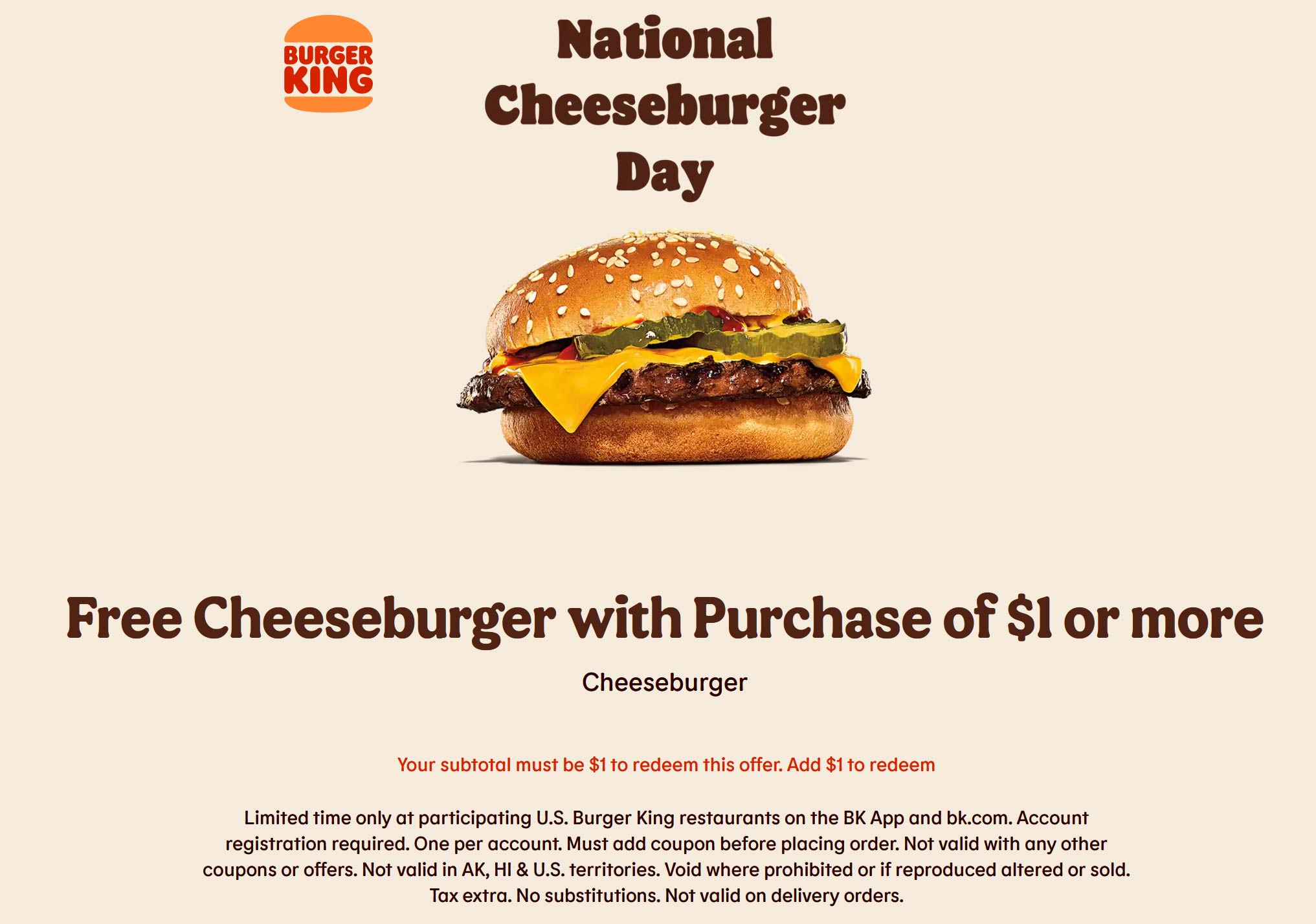 Burger King restaurants Coupon  Free cheeseburger on $1 spent today at Burger King #burgerking 