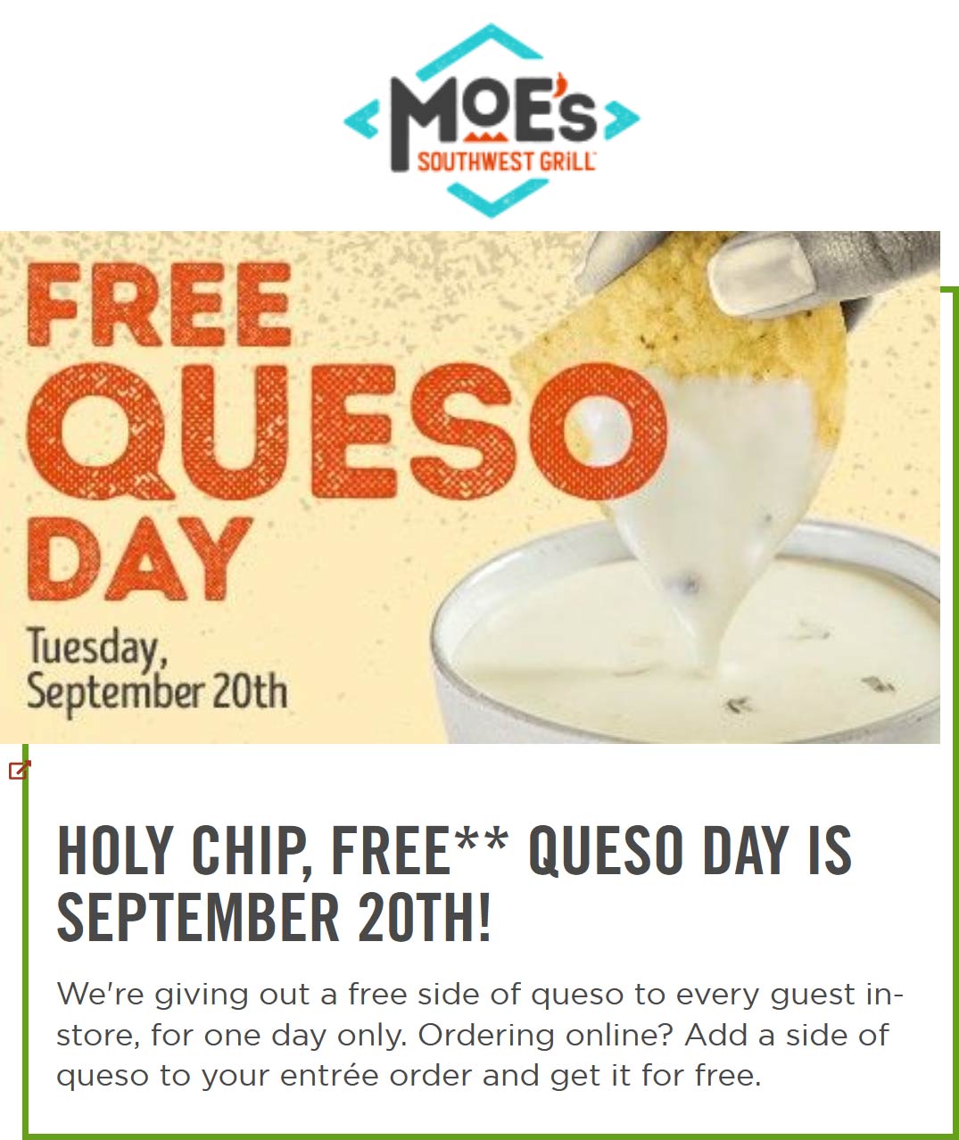 Moes Southwest Grill restaurants Coupon  Free queso Tuesday at Moes Southwest Grill restaurants #moessouthwestgrill 