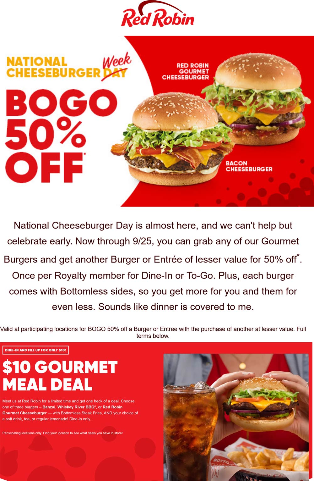 Red Robin restaurants Coupon  Second cheeseburger 50% off at Red Robin #redrobin 