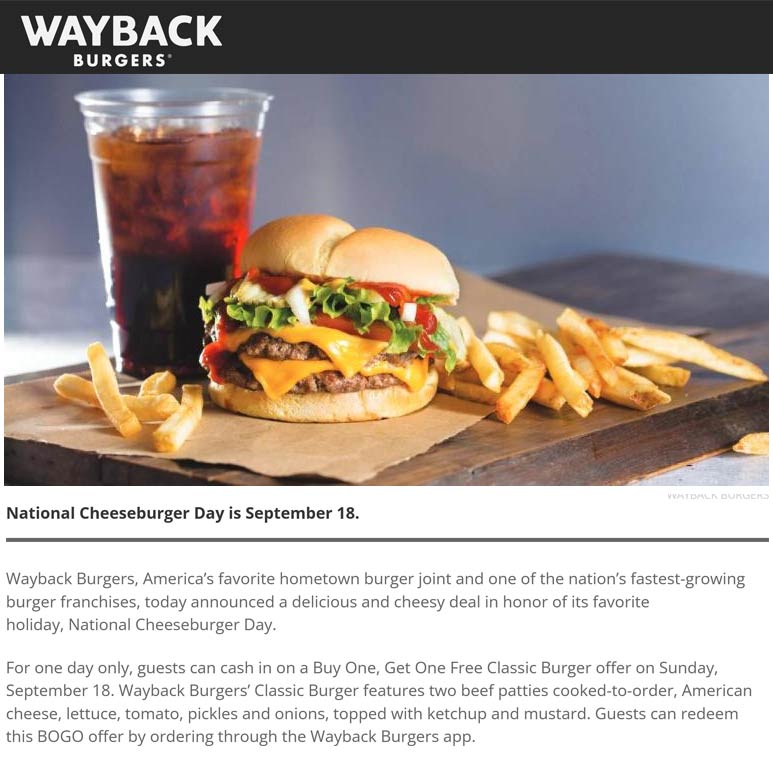Wayback Burgers restaurants Coupon  Second cheeseburger free today at Wayback Burgers #waybackburgers 