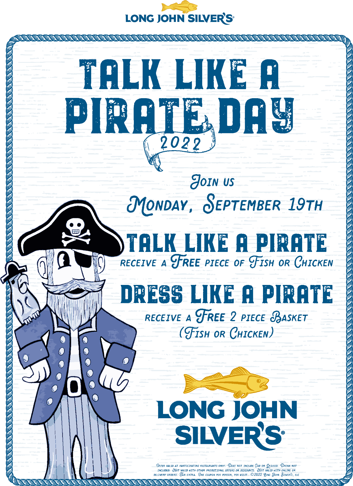 Long John Silvers restaurants Coupon  Talk or dress like a pirate for free fish or chicken today at Long John Silvers #longjohnsilvers 