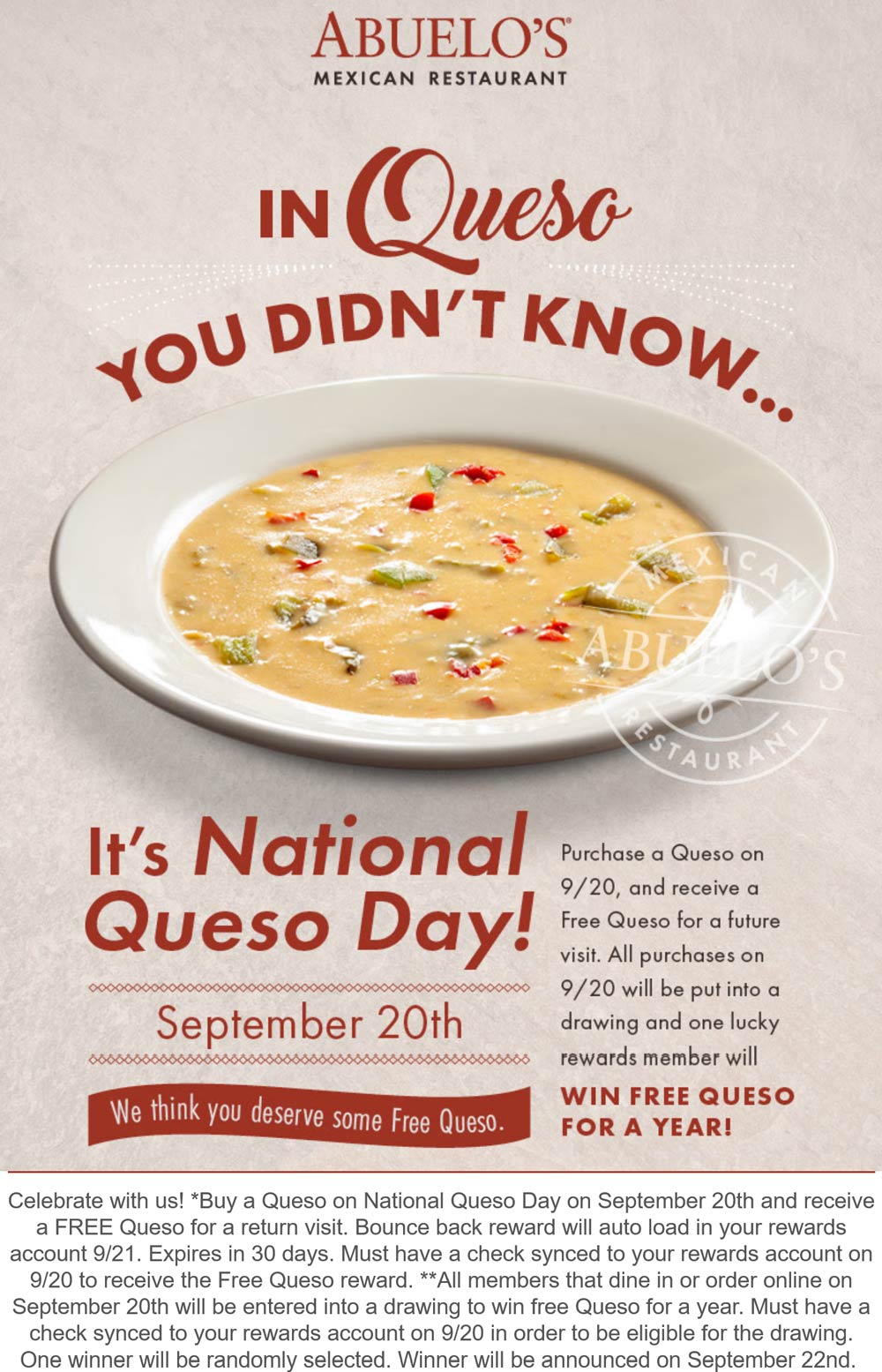 Abuelos restaurants Coupon  Second followup queso free today at Abuelos Mexican restaurants #abuelos 
