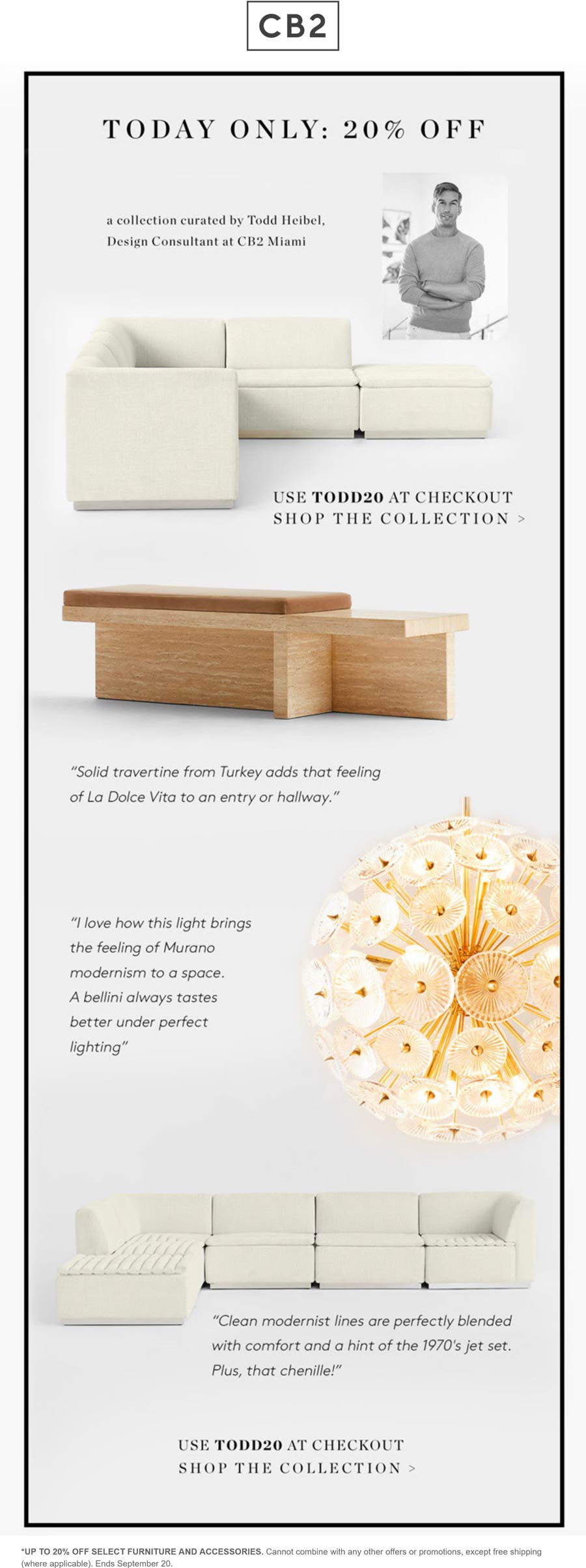CB2 stores Coupon  20% off today at Crate & Barrel CB2 via promo code TODD20 #cb2 