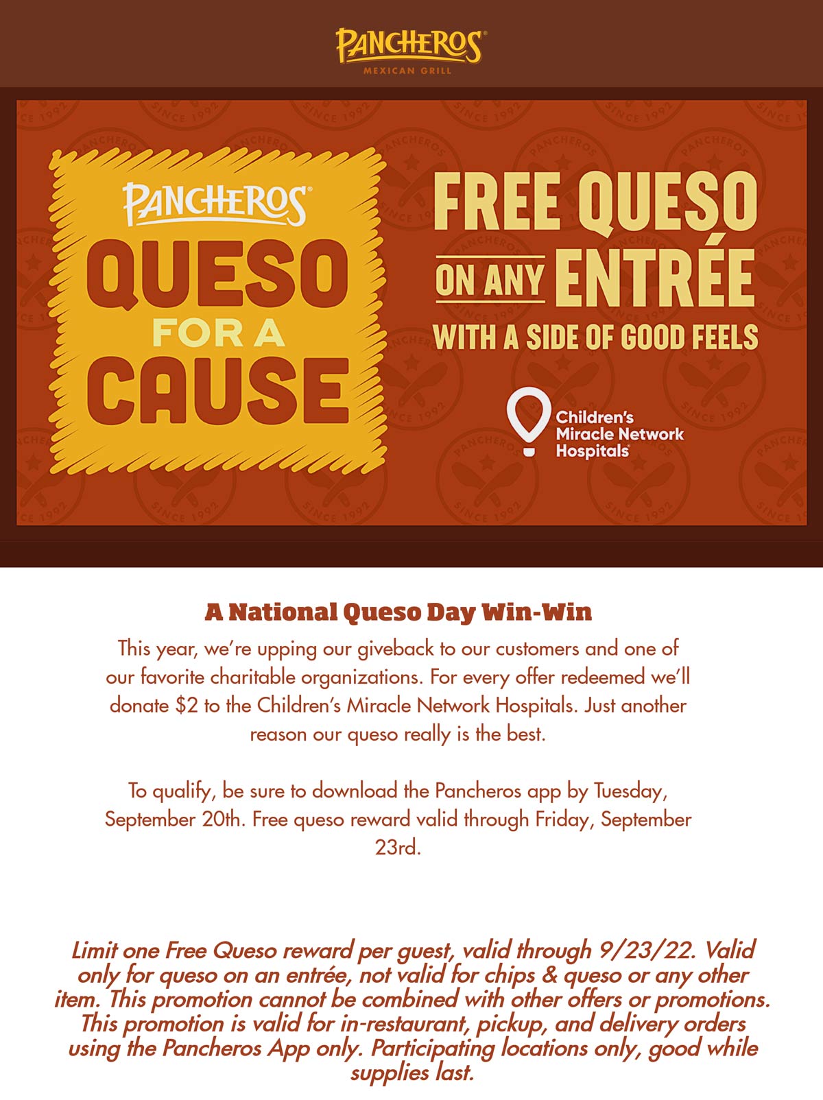 Pancheros restaurants Coupon  Free queso via mobile today at Pancheros Mexican restaurants #pancheros 