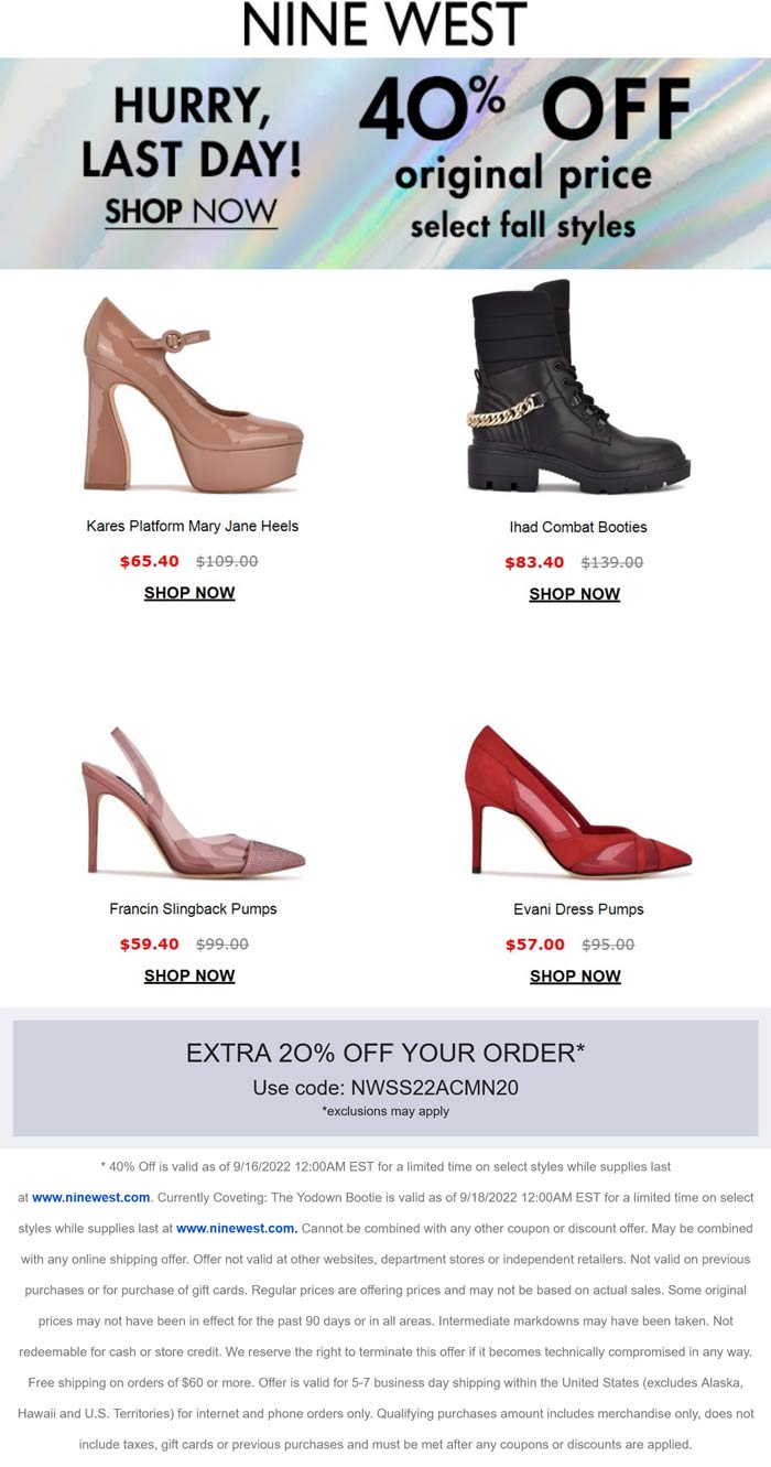 Nine West stores Coupon  Extra 20-40% off today at Nine West via promo code NWSS22ACMN20 #ninewest 