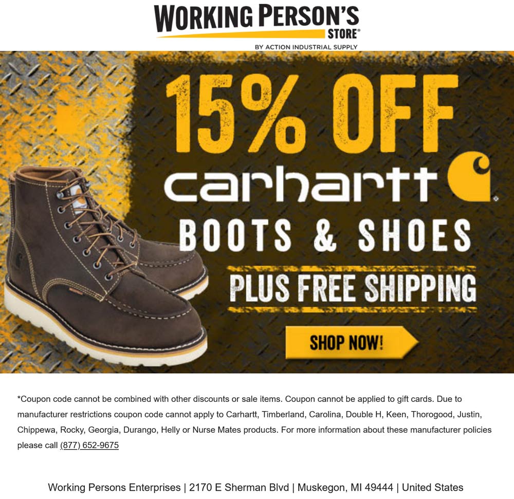 Working Persons Store stores Coupon  15% off Carhartt boots & shoes at Working Persons Store #workingpersonsstore 