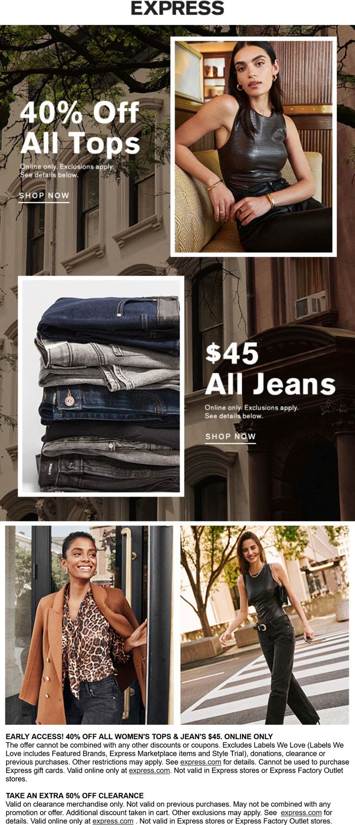 Express stores Coupon  40% off all tops & 50% off clearance online at Express #express 