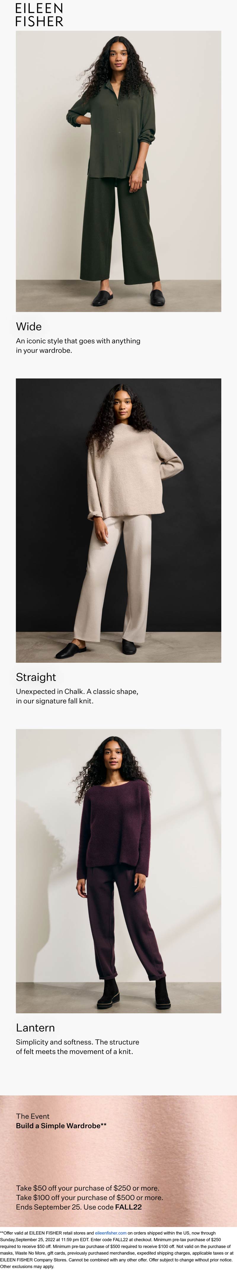 Eileen Fisher stores Coupon  $50-$100 off $250+ at Eileen Fisher, or online via promo code FALL22 #eileenfisher 