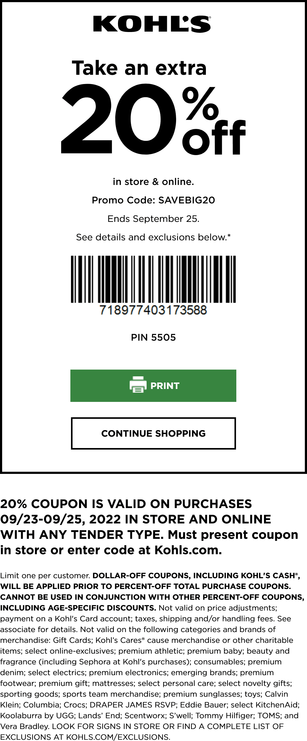 Kohls Extra 20% off at Kohls, or online via promo code SAVEBIG20 #kohls Kohls stores Coupon Extra 20% off at Kohls, or online via promo code SAVEBIG20 #kohls