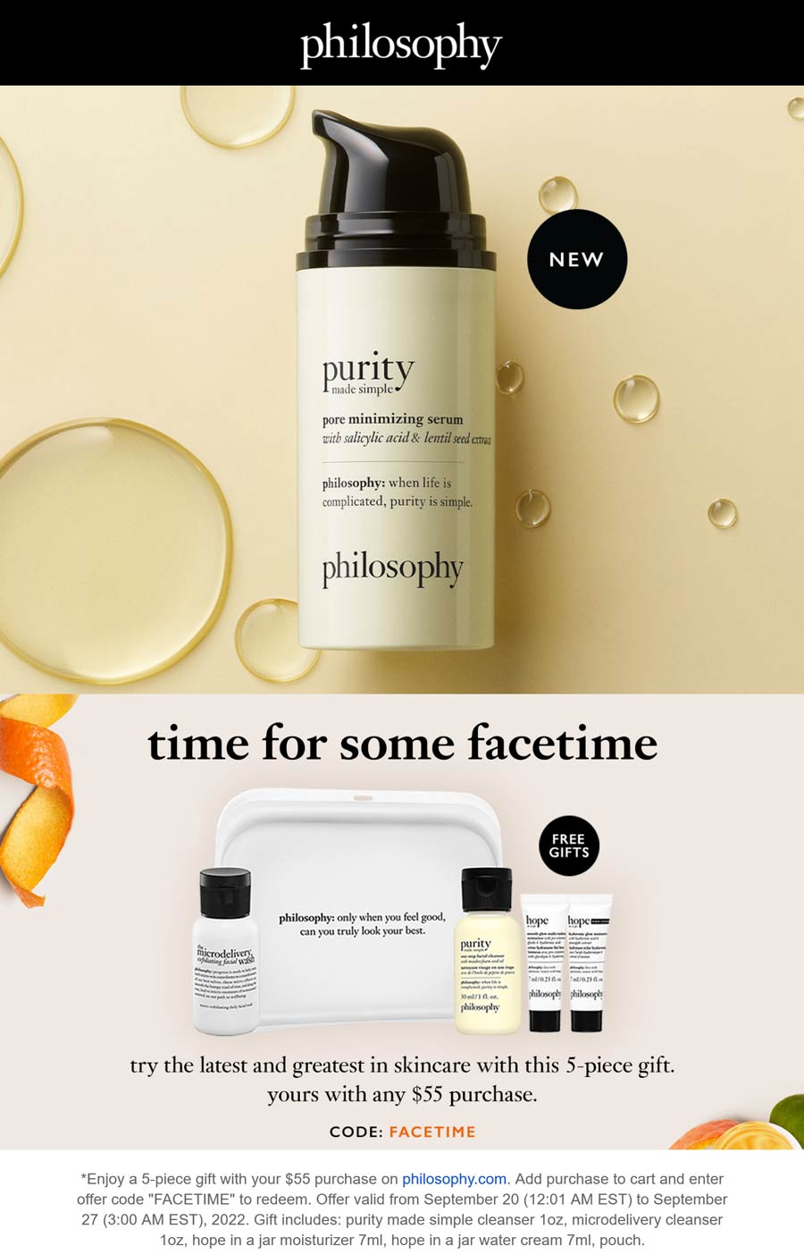 Philosophy stores Coupon  Free 5pc set on $55 at Philosophy via promo code FACETIME #philosophy 