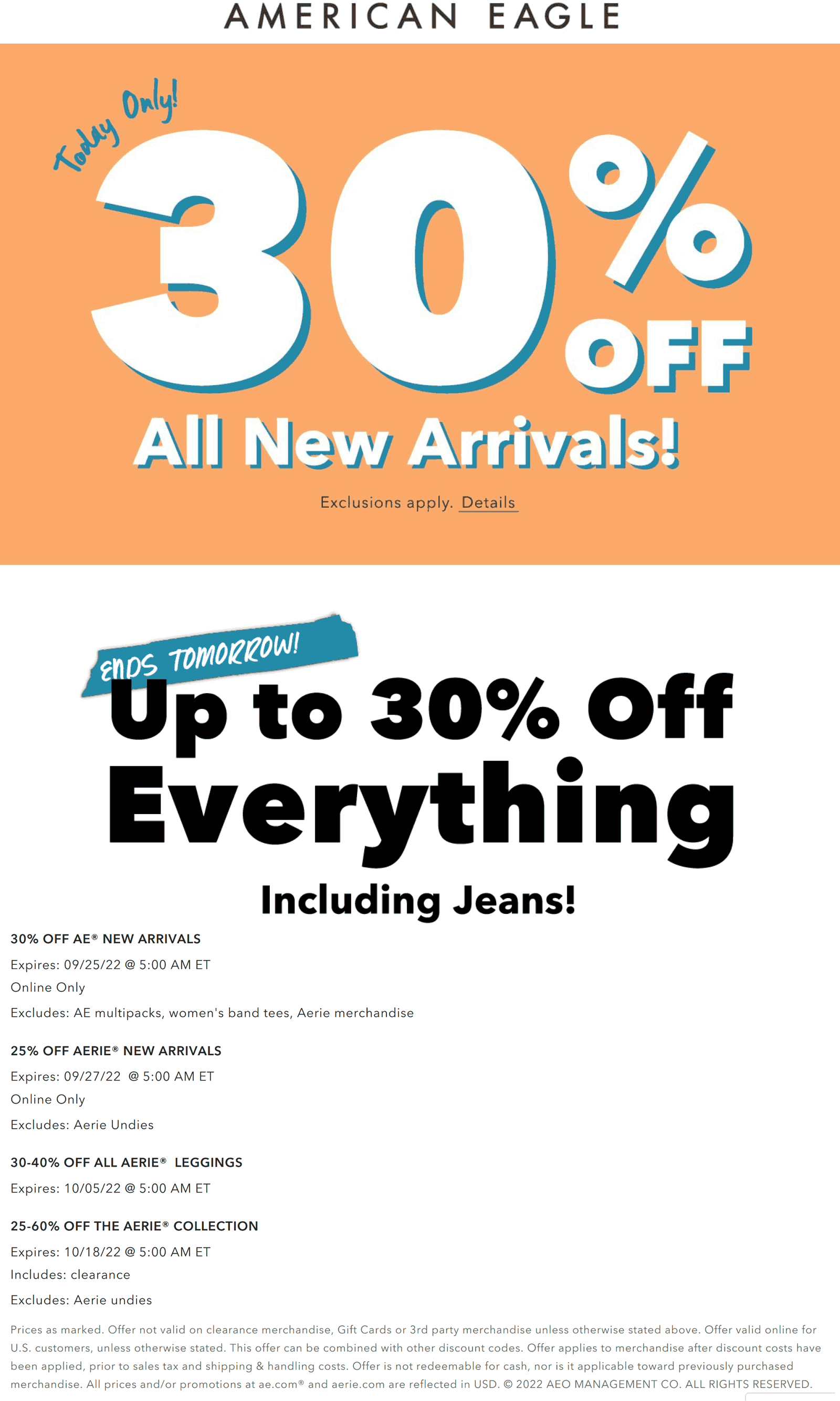 American Eagle stores Coupon  30% off new arrivals today online at American Eagle #americaneagle 
