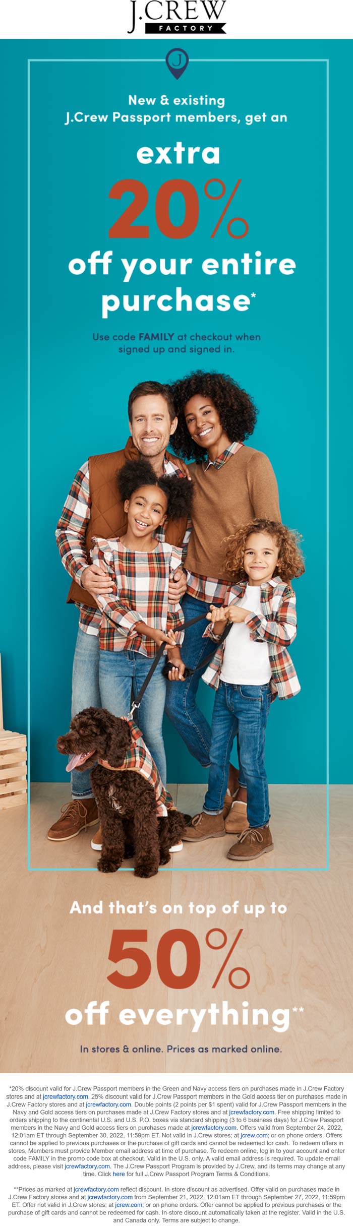 J.Crew Factory stores Coupon  Extra 20% off & more at J.Crew Factory, or online via promo code FAMILY #jcrewfactory 