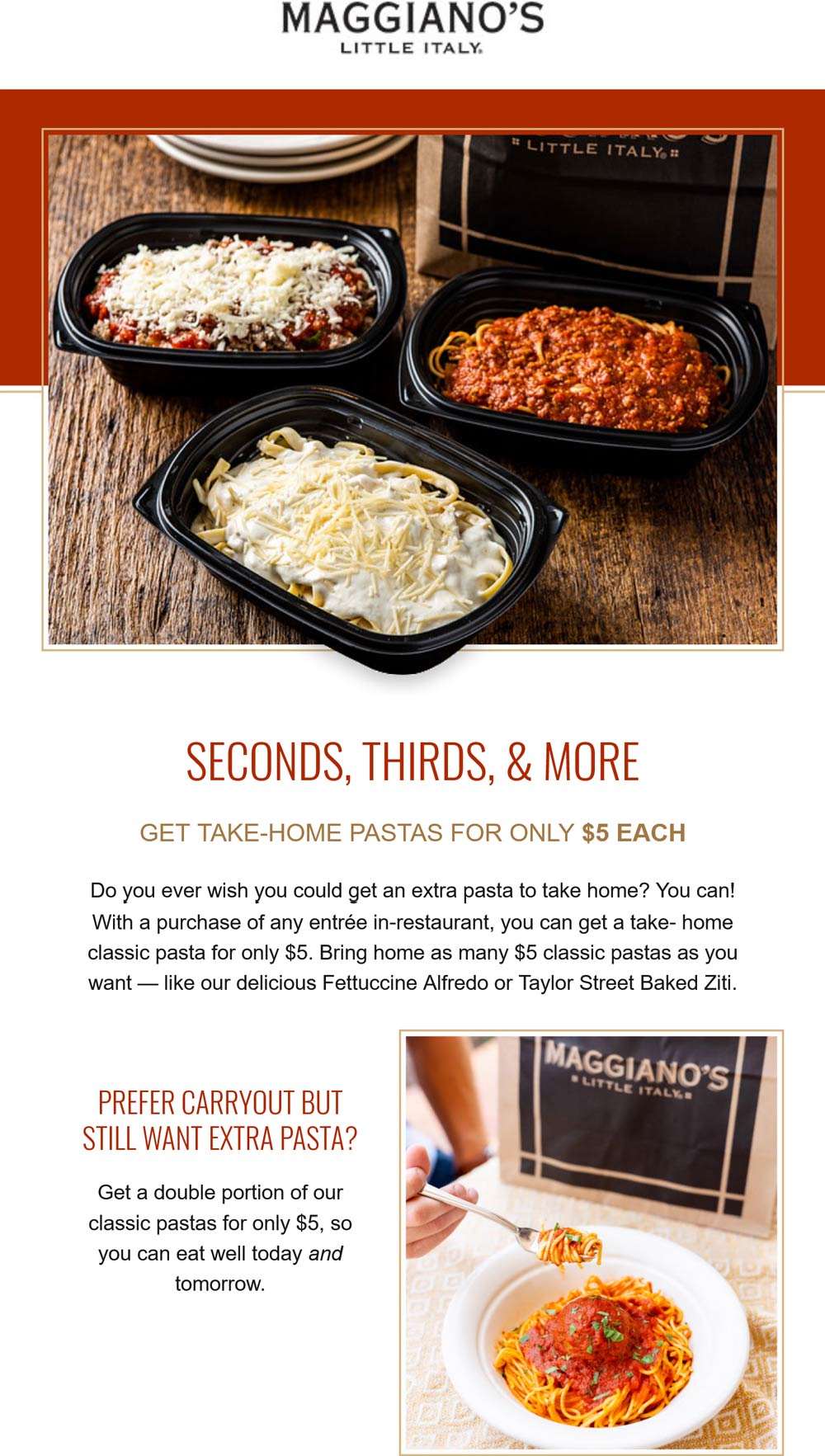 Maggianos Little Italy restaurants Coupon  Unlimited $5 takeout pastas with your dine-in entree at Maggianos Little Italy #maggianoslittleitaly 