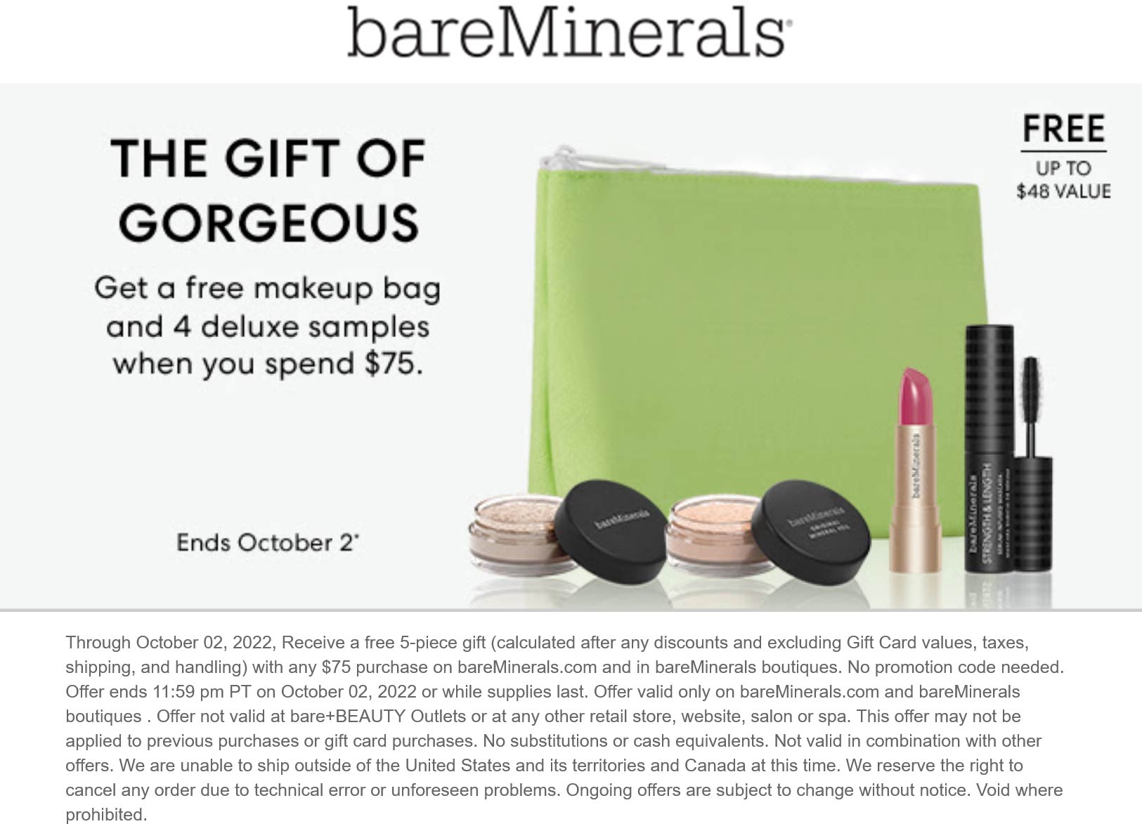 bareMinerals stores Coupon  Free 5pc on $75 spent at bareMinerals, ditto online #bareminerals 