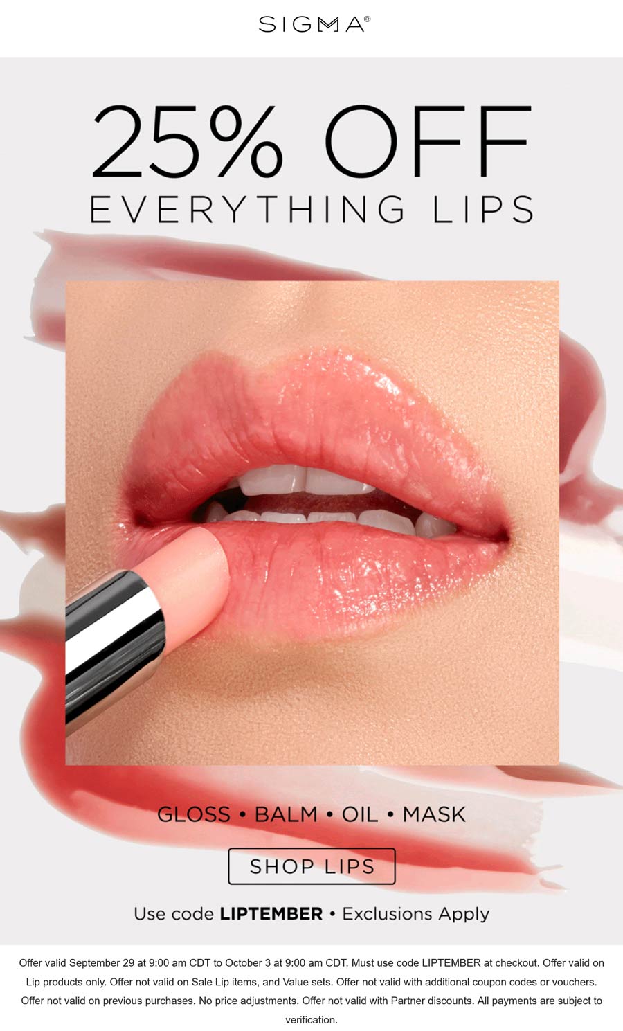 Sigma stores Coupon  25% off lips at Sigma beauty via promo code LIPTEMBER #sigma 