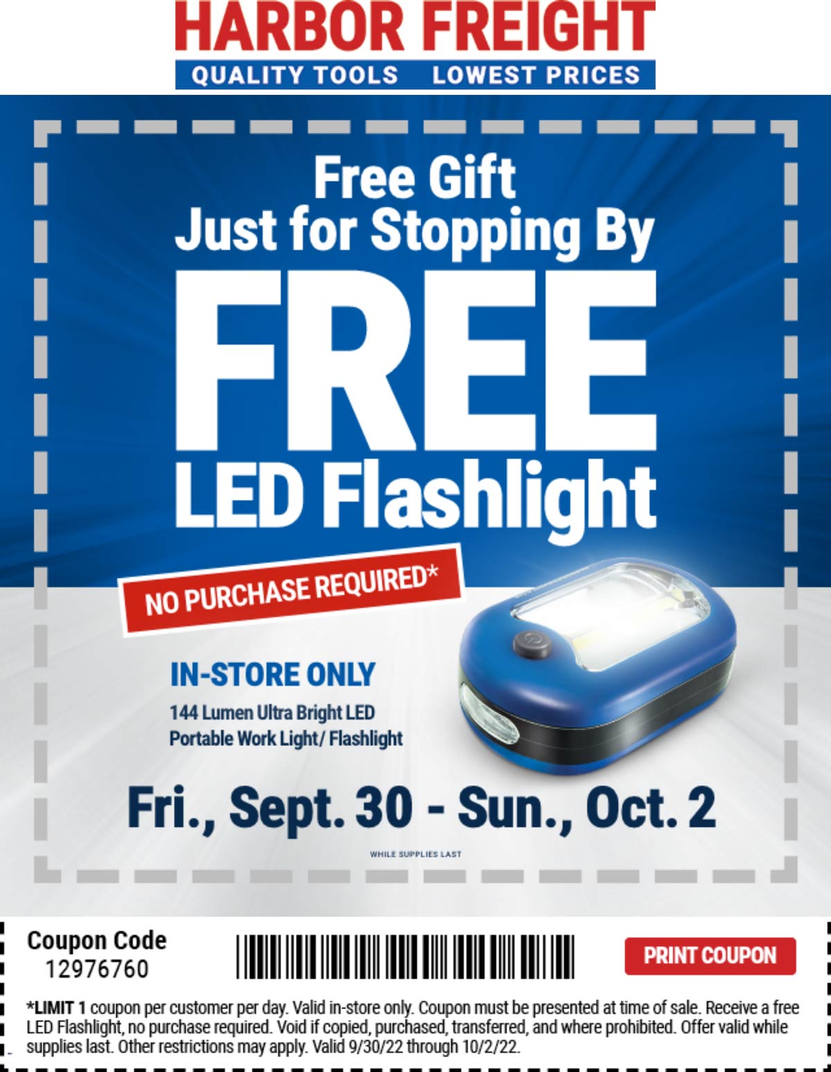 Harbor Freight stores Coupon  Free flashlight at Harbor Freight Tools, no purchase necessary #harborfreight 