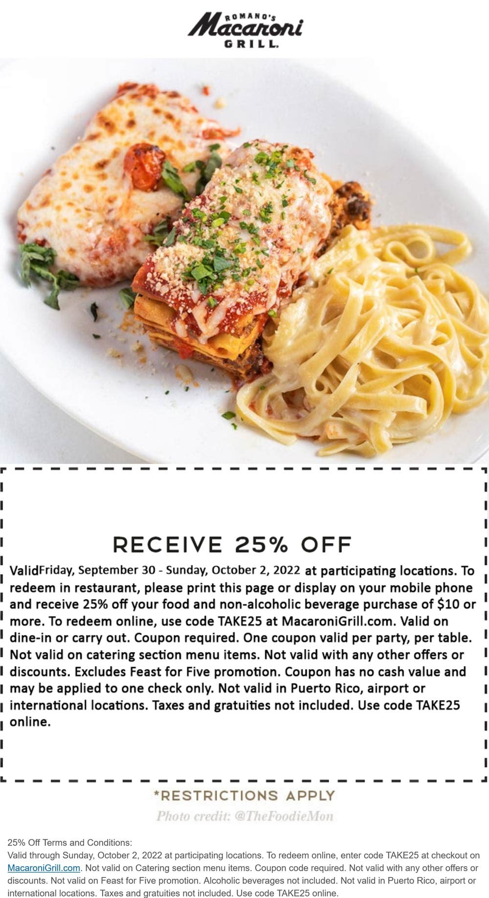 Macaroni Grill restaurants Coupon  25% off at Macaroni Grill restaurants, or online via promo code TAKE25 #macaronigrill 