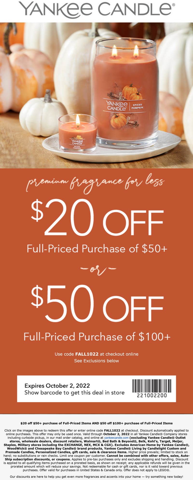 Yankee Candle stores Coupon  $20 off $50 & more at Yankee Candle, or online via promo code FALL1022 #yankeecandle 