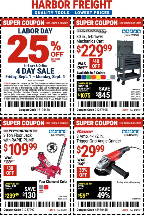 Harbor Freight stores Coupon  25% off a single item at Harbor Freight Tools, or online via promo code 17195456 #harborfreight 