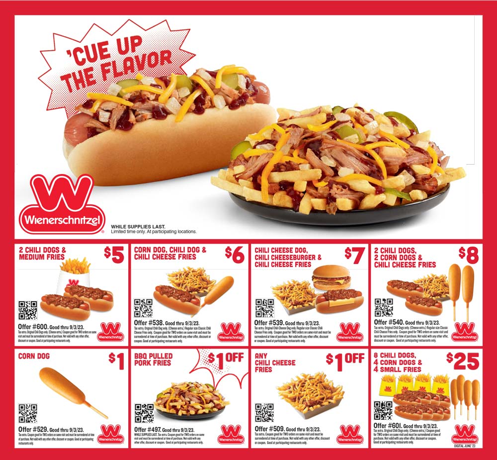 Wienerschnitzel restaurants Coupon  2 chili dogs with fries = $5 & more various meal deals at Wienerschnitzel #wienerschnitzel 