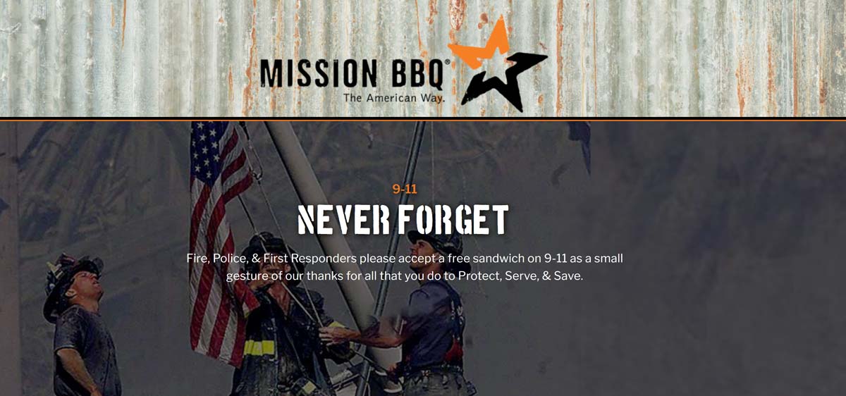 Mission BBQ restaurants Coupon  First responders enjoy a free sandwich the 11th at Mission BBQ restaurants #missionbbq 