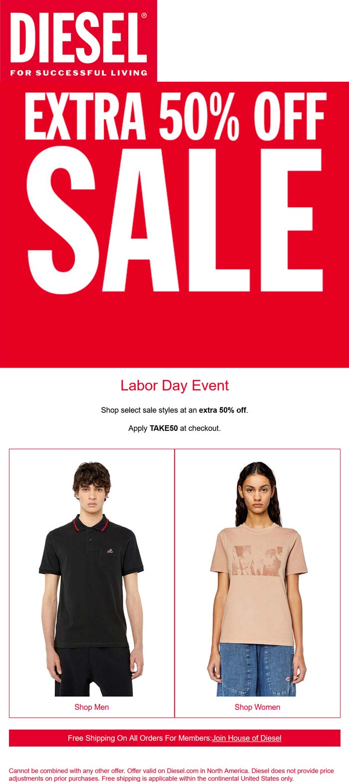 Diesel stores Coupon  Extra 50% off sale items at Diesel via promo code TAKE50 #diesel 