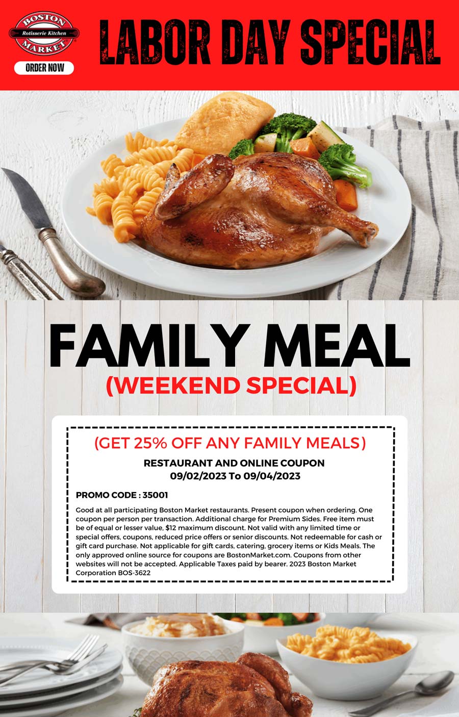 Boston Market restaurants Coupon  25% off family meal today at Boston Market, or online via promo code 35001#bostonmarket 