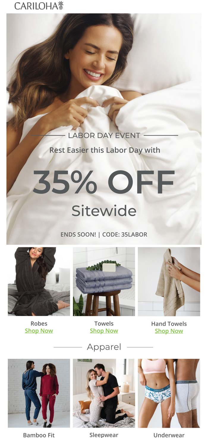 Cariloha stores Coupon  35% off everything today at Cariloha via promo code 35LABOR #cariloha 