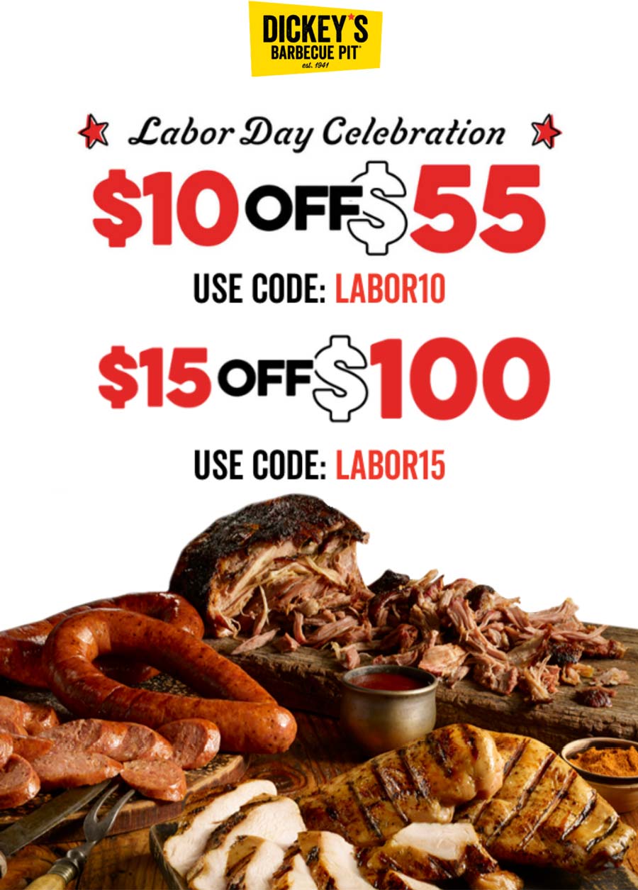 Dickeys Barbecue Pit stores Coupon  $10-$15 off $55+ today at Dickeys Barbecue Pit via promo code LABOR10 #dickeysbarbecuepit 