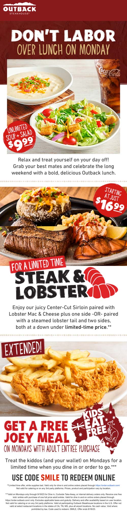Outback Steakhouse restaurants Coupon  Bottomless soup & salad = $10, free kids meal & more today at Outback Steakhouse #outbacksteakhouse 