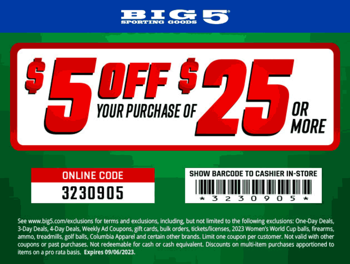 Big 5 stores Coupon  $5 off $25 at Big 5 sporting goods, or online via promo code 3230905 #big5 