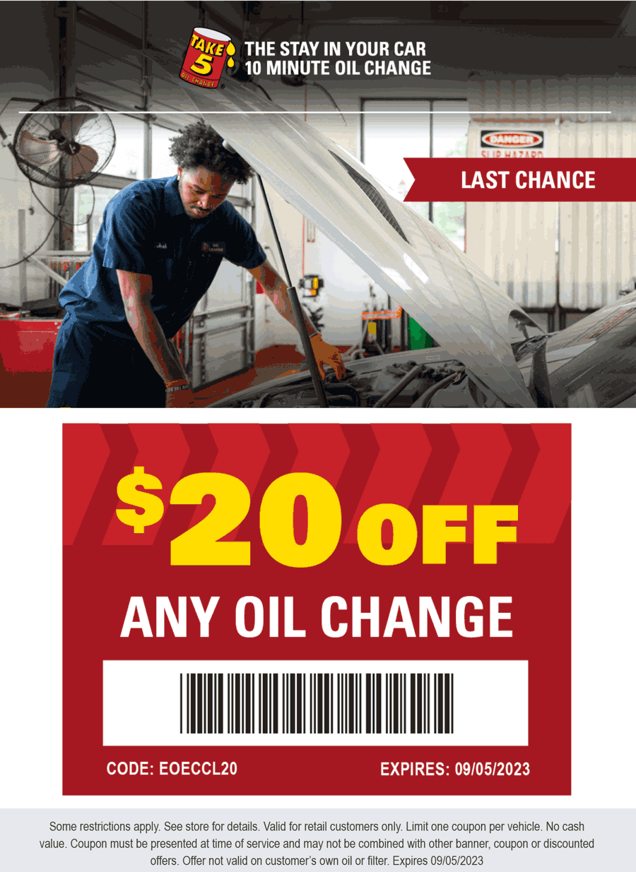 Take 5 Oil Change stores Coupon  $20 off any oil change today at Take 5 Oil Change #take5oilchange 