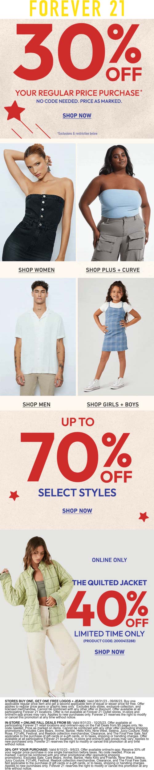 Forever 21 stores Coupon  30% off & more online today at Forever 21 #forever21 