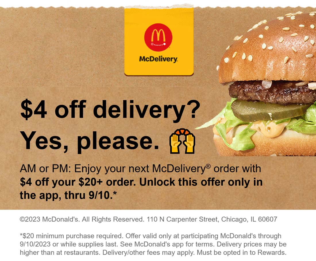 McDonalds restaurants Coupon  $4 off $20 on delivery via mobile at McDonalds restaurants #mcdonalds 