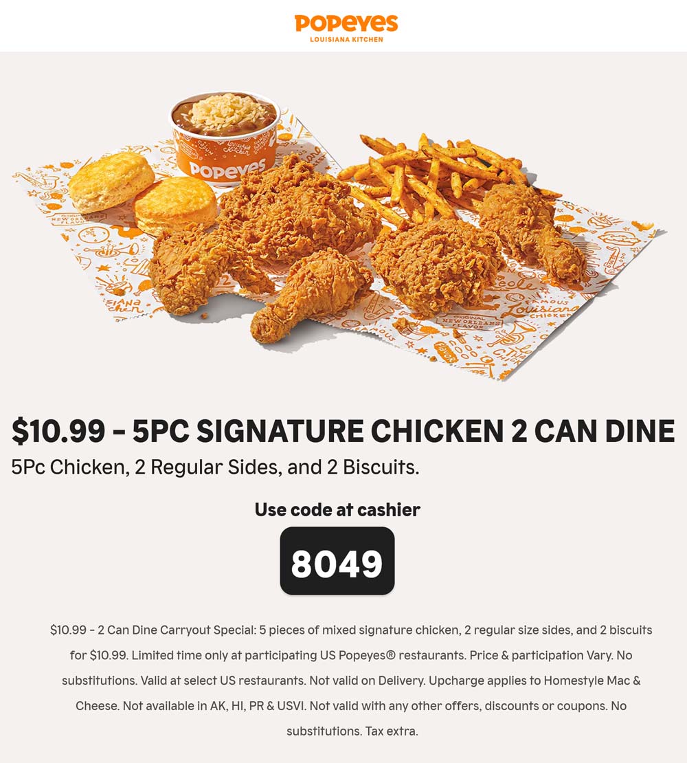 Popeyes restaurants Coupon  5pc chicken + 2 sides + 2 biscuits = $11 at Popeyes #popeyes 