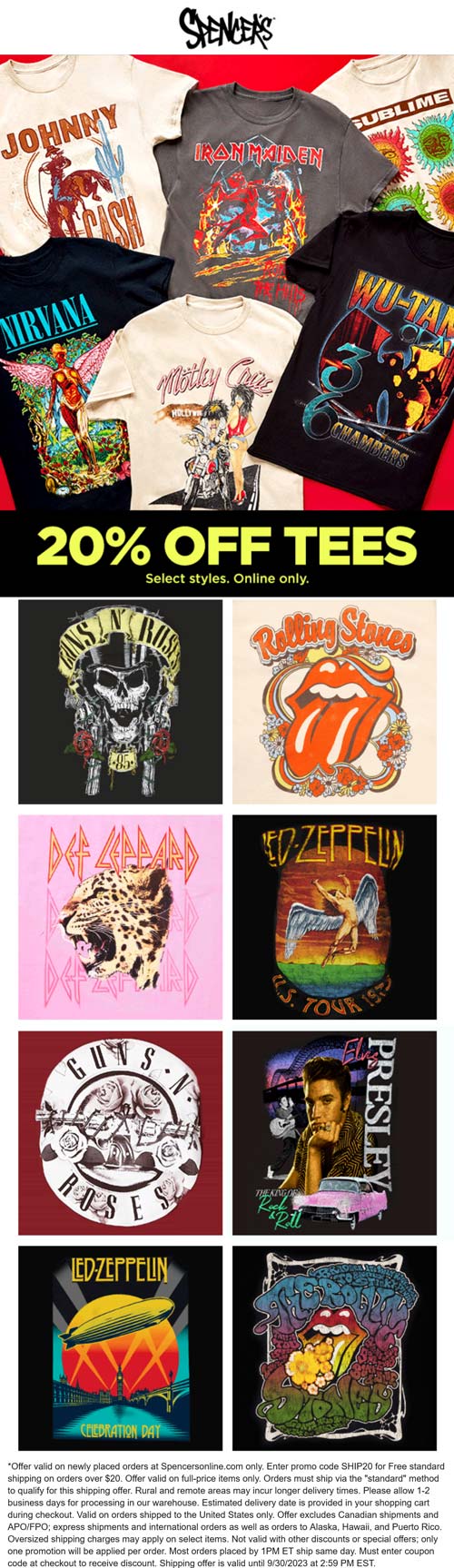 Spencers stores Coupon  20% off band tees online at Spencers #spencers 