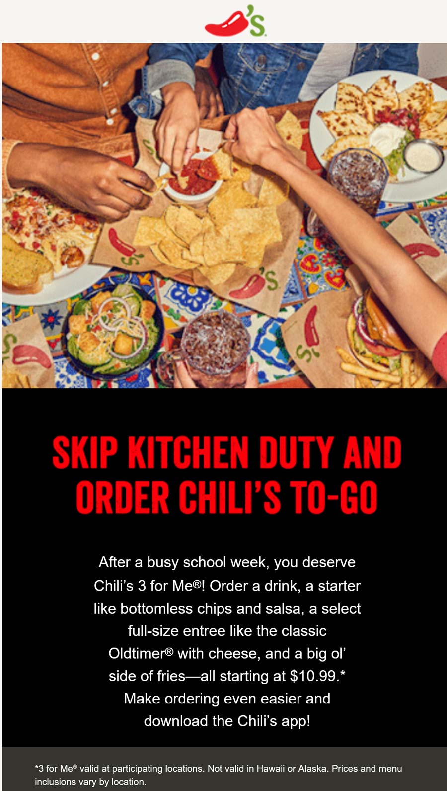 Chilis restaurants Coupon  Drink + starter + entree = $11 3-for-me at Chilis #chilis 