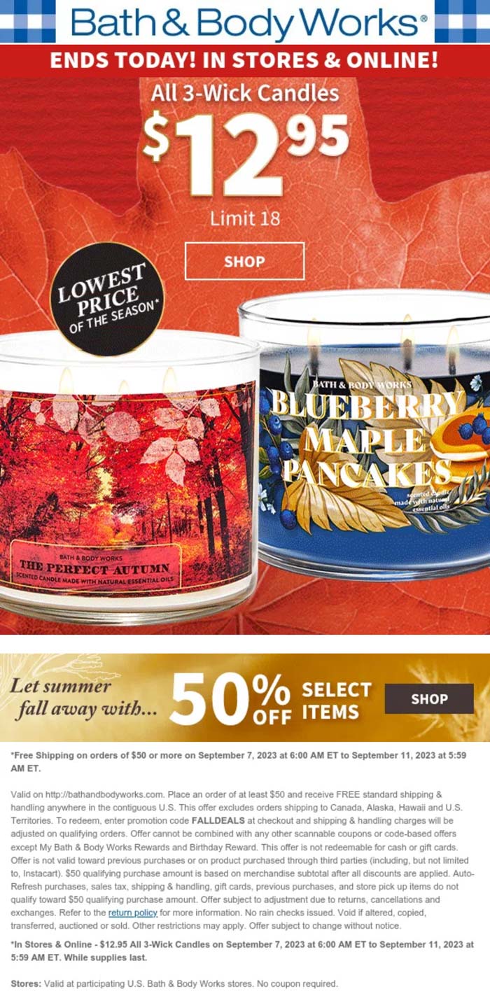 Bath & Body Works stores Coupon  $13 3-wick candles today at Bath & Body Works, or online via promo code FALLDEALS #bathbodyworks 