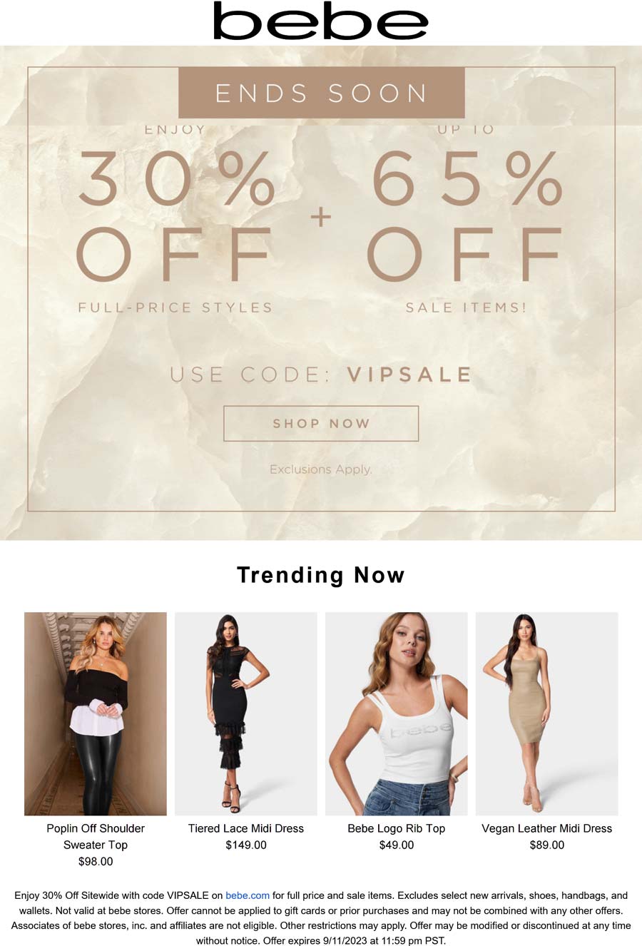bebe stores Coupon  30% off everything & more at bebe via promo code VIPSALE #bebe 