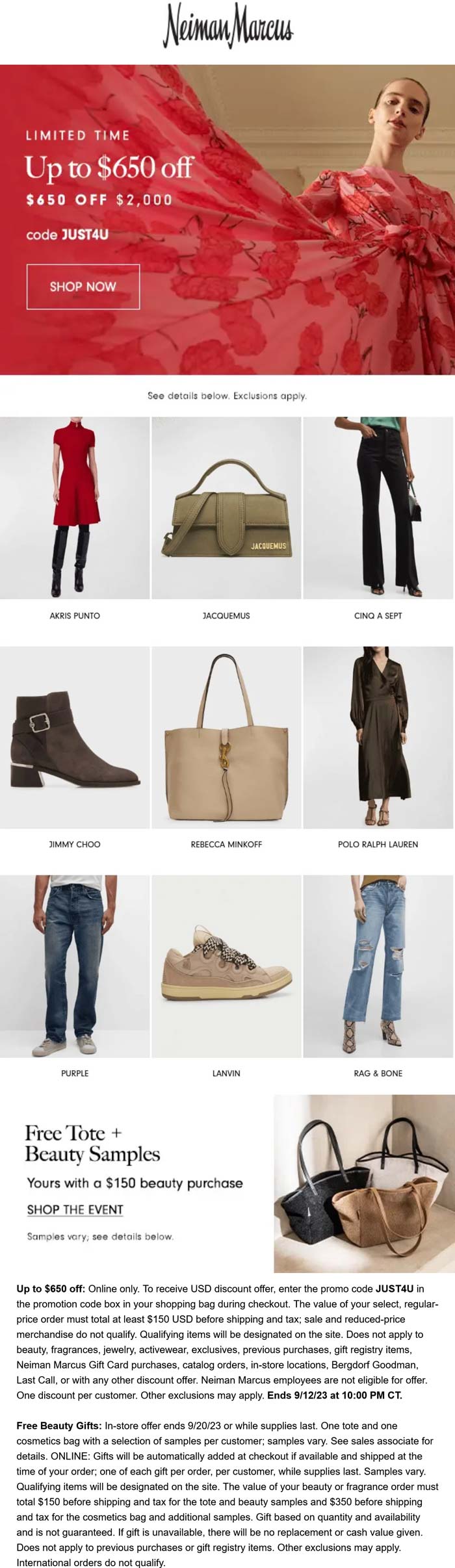Neiman Marcus stores Coupon  $30-$650 off $150+ free tote on $150 beauty at Neiman Marcus via promo code JUST4U #neimanmarcus 