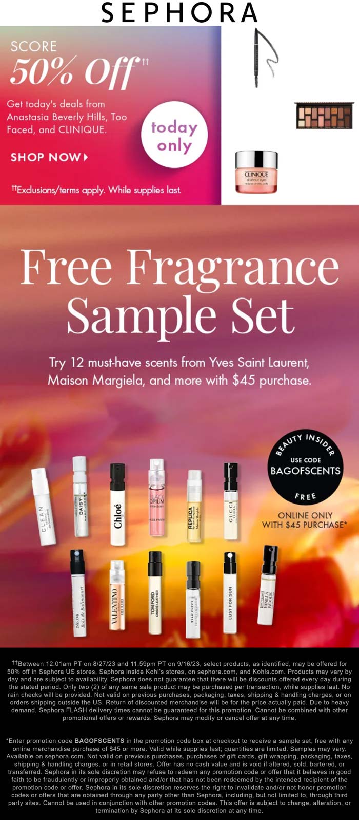 Sephora stores Coupon  12pc set fragrances free on $45 online at Sephora via promo code BAGOFSCENTS #sephora 