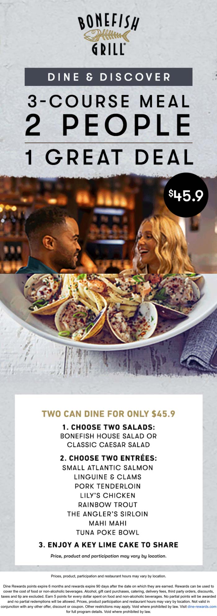 Bonefish Grill restaurants Coupon  3 course meal for 2 = $46 at Bonefish Grill #bonefishgrill 