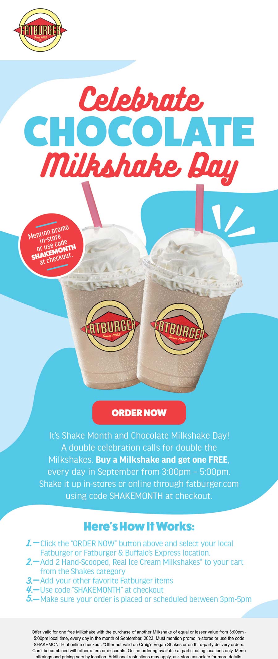 Fatburger stores Coupon  Second milkshake free 3-5p all month at Fatburger, or online via promo code SHAKEMONTH #fatburger 