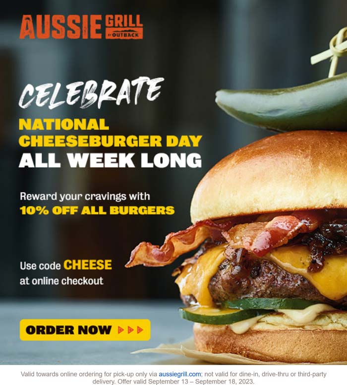 Aussie Grill restaurants Coupon  10% off cheeseburgers at Aussie Grill via promo code CHEESE #aussiegrill 
