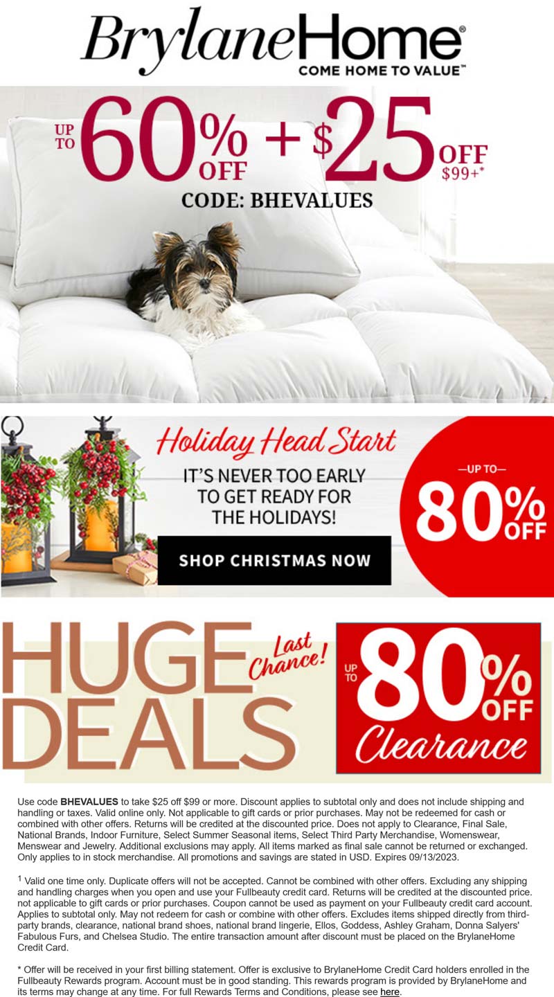 Brylane Home stores Coupon  $25 off $99 today at Brylane Home via promo code BHEVALUES #brylanehome 