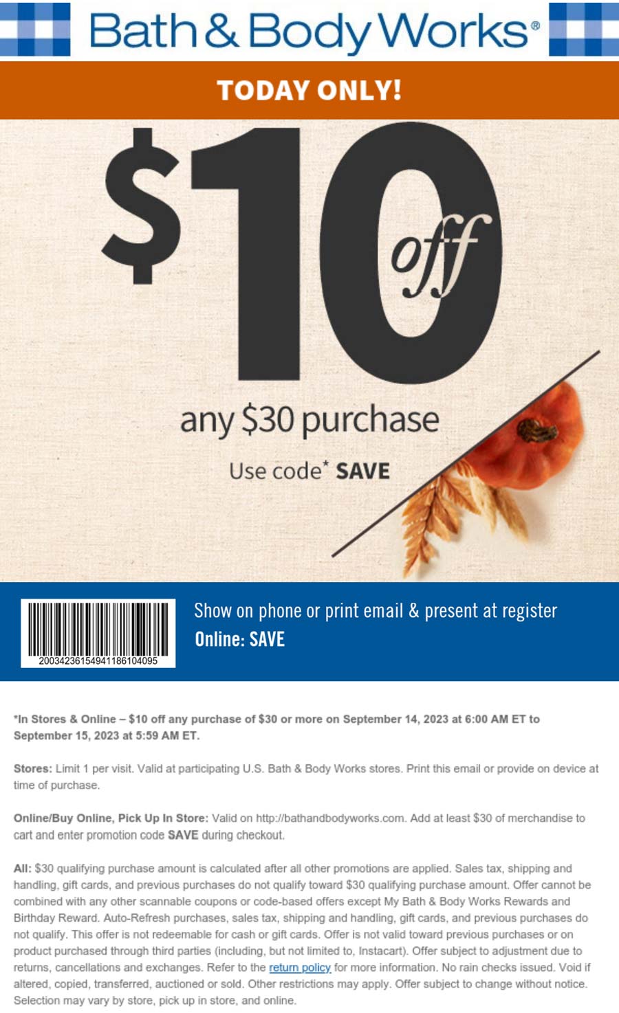 Bath & Body Works stores Coupon  $10 off $30 today at Bath & Body Works, or online via promo code SAVE #bathbodyworks 