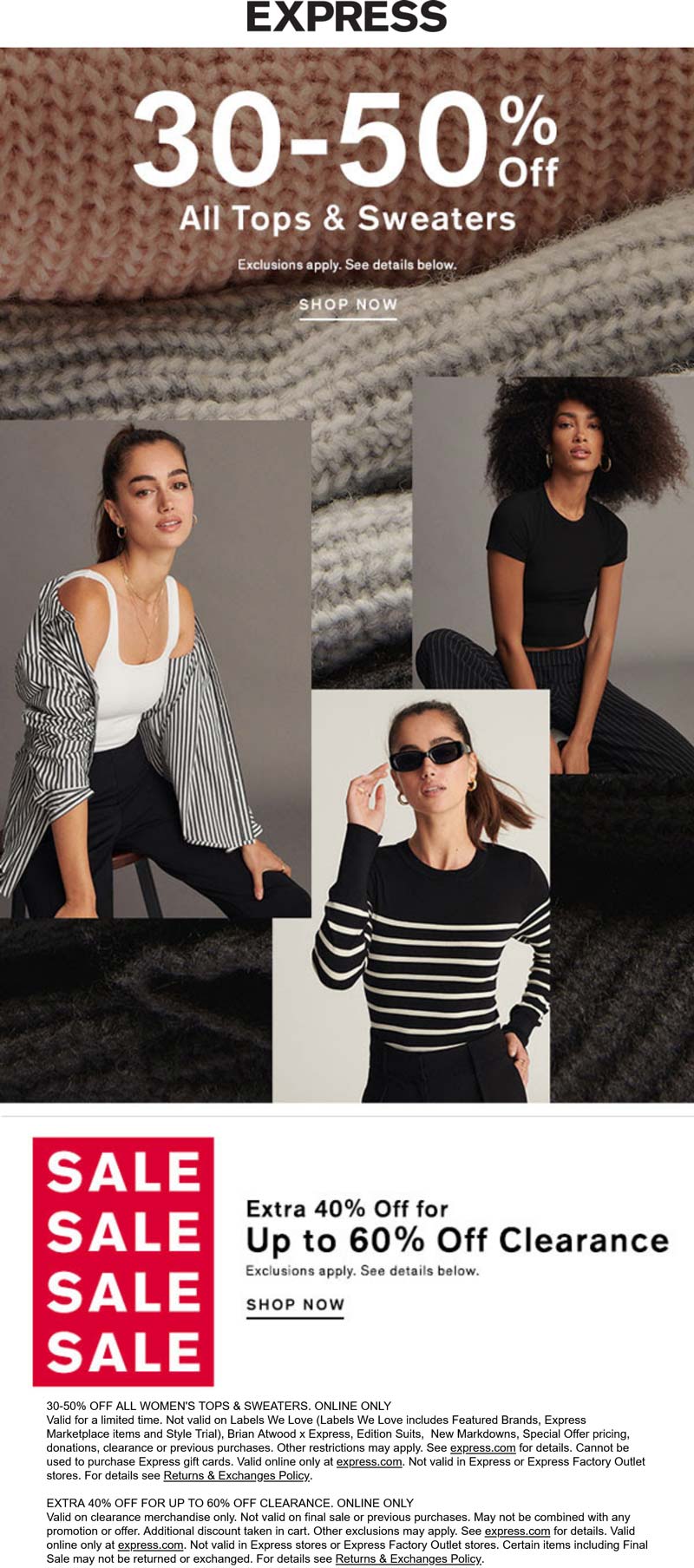Express stores Coupon  30-50% off all tops & sweaters online at Express #express 